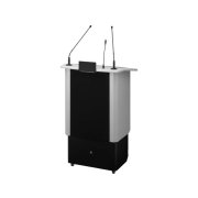Professional lectern with electric height adjustment and integrated wireless amplifier system