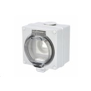 TITAN IP66 Zásuvka 16A/250V/2P+PE s ochranným kolíkem, šedá, transparentní víko, nástěnná