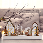 Solight LED vianočná dedinka, 34x17cm, drevo, 4 LED, 2x AA