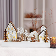 Solight LED vianočná dedinka, 34x17cm, drevo, 4 LED, 2x AA